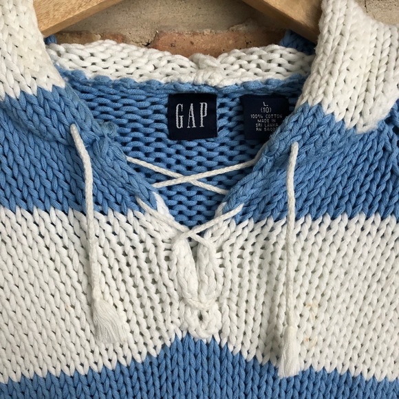 GAP Blue & White Chunky Cotton Sweater w/ Laced V-Neck - Picture 2 of 7